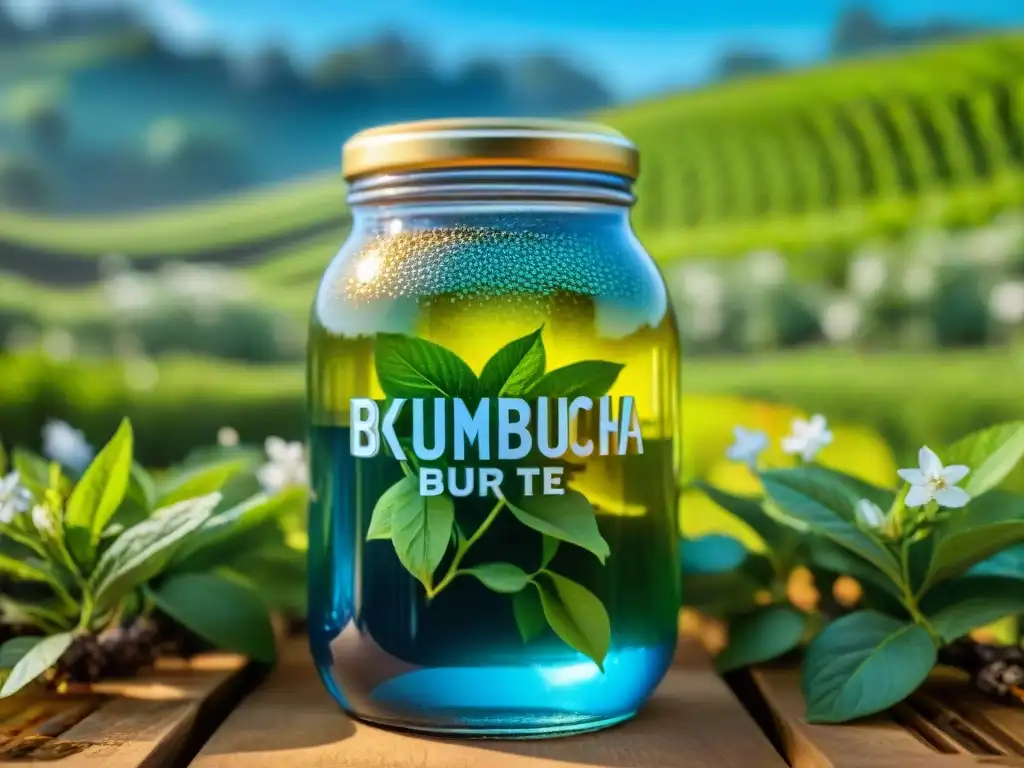 Un tarro brillante de kombucha burbujeante en una plantación de té verde, con abejas revoloteando