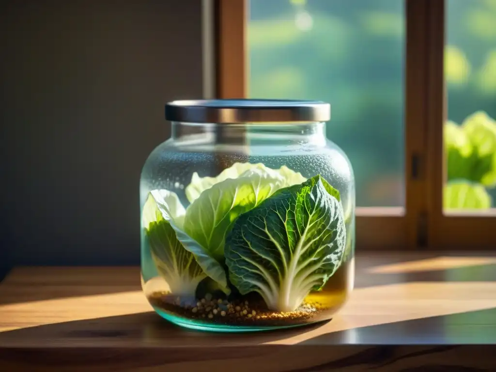 Un tarro de cristal con chucrut y especias fermentando, bañado en salmuera, sobre una encimera de madera