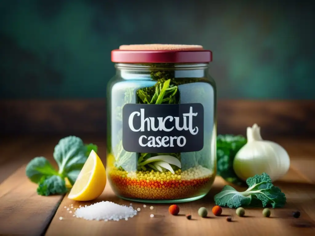 Un tarro de cristal lleno de chucrut fermentado casero, rodeado de especias y libros de fermentación