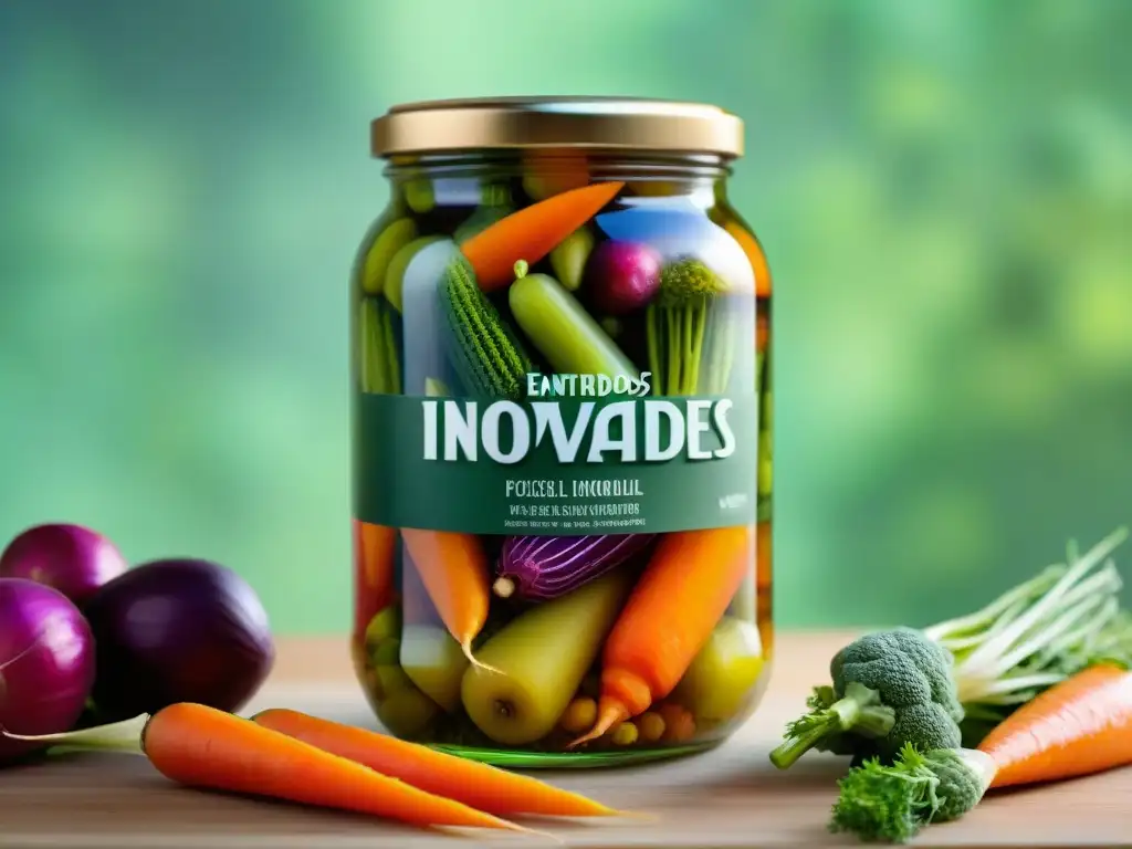 Tarro de vidrio con 'Encurtidos Innovadores' en etiqueta, variedad de vegetales vibrantes y fondo de cocina