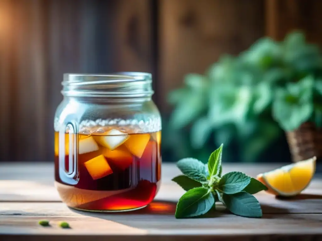 Tarro de vidrio con té kombucha burbujeante y coloridas frutas, en una mesa rústica