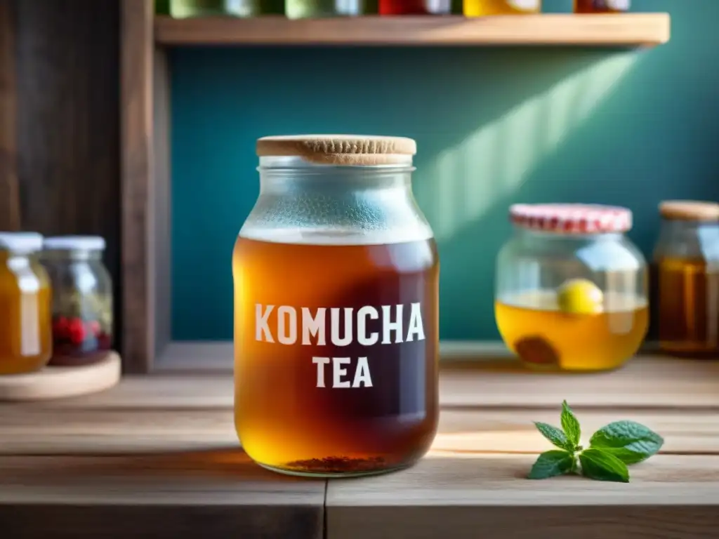 Un tarro de vidrio con kombucha casera burbujeante, rodeado de ingredientes frescos, en una encantadora escena de 'El arte de la fermentación'