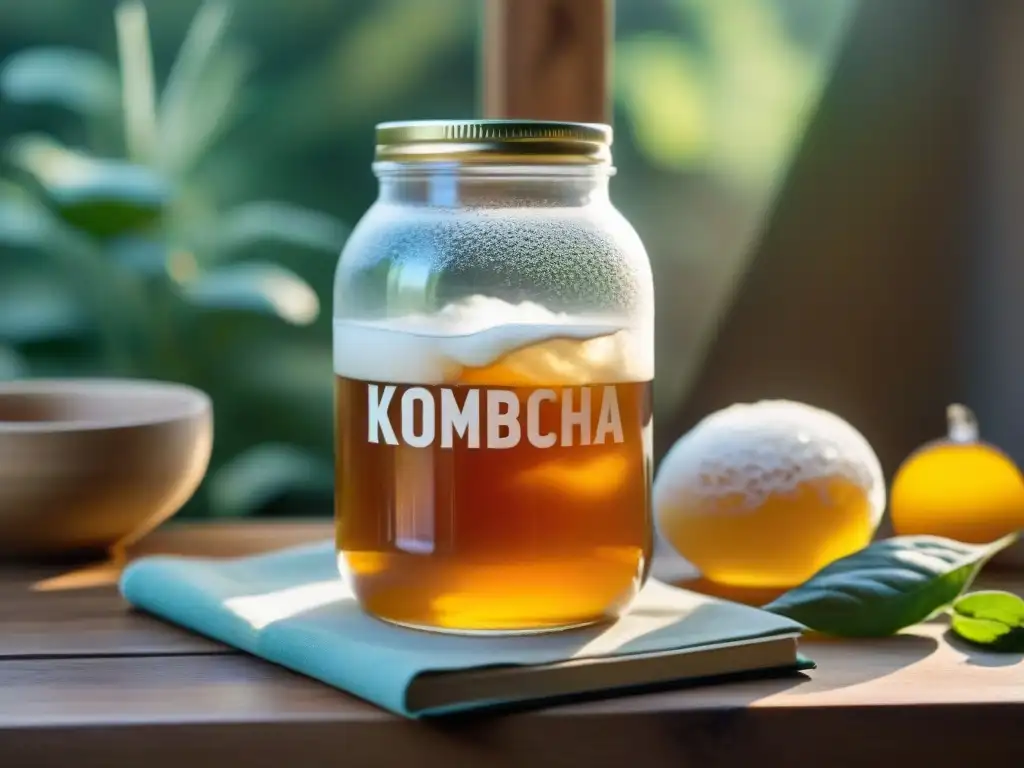 Un tarro de vidrio con kombucha casera y un SCOBY flotando