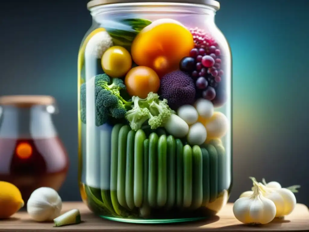 Un tarro de vidrio lleno de vegetales en fermentación, mostrando burbujas y colores vibrantes