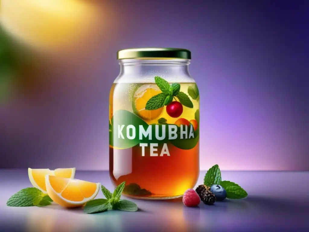 Un tarro de vidrio rebosante de kombucha vibrante y efervescente, rodeado de frutas, hierbas y hojas de té frescas