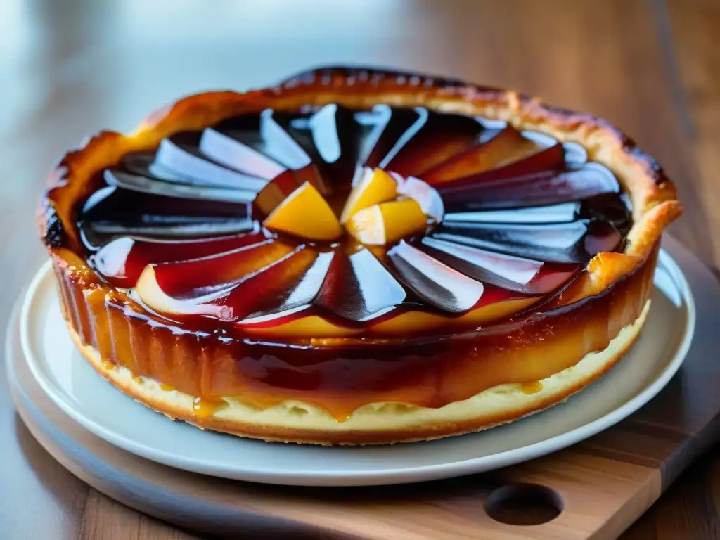 Una Tarta Tatin dorada recién salida del horno, con manzanas caramelizadas y brillo en un ambiente cálido y tradicional