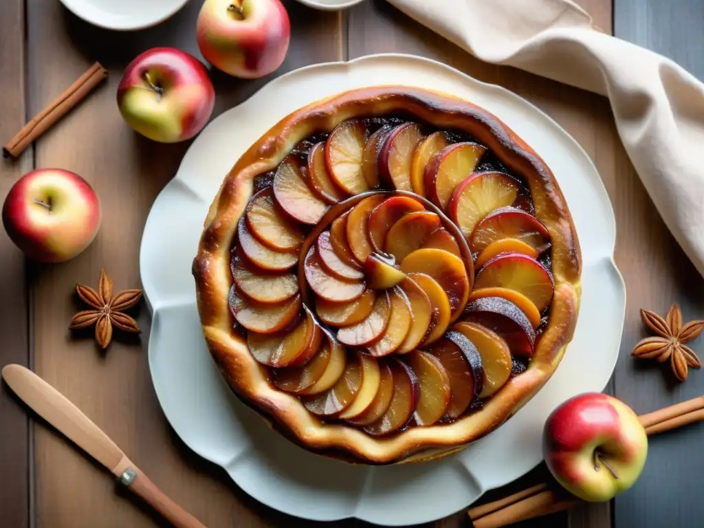 Tarta Tatin receta fácil gourmet: Deliciosa tarta dorada con manzanas caramelizadas y una masa adornada, en una cocina acogedora