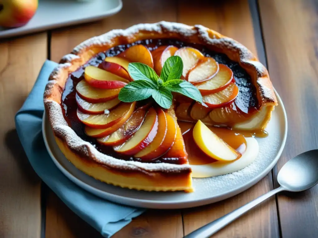 Una Tarta Tatin receta fácil gourmet: manzanas doradas, masa hojaldrada, caramelo brillante, helado de vainilla y menta fresca en una mesa rústica