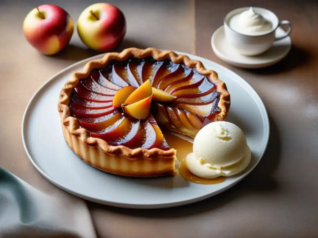 Una Tarta Tatin gourmet con manzanas caramelizadas y helado de vainilla, en un ambiente acogedor de cocina