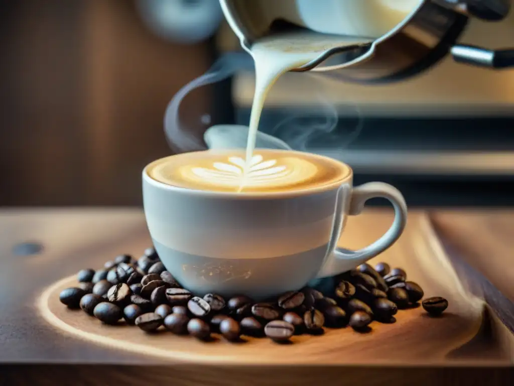 Una taza de café de especialidad recién preparado, con crema en capas y vapor elegante