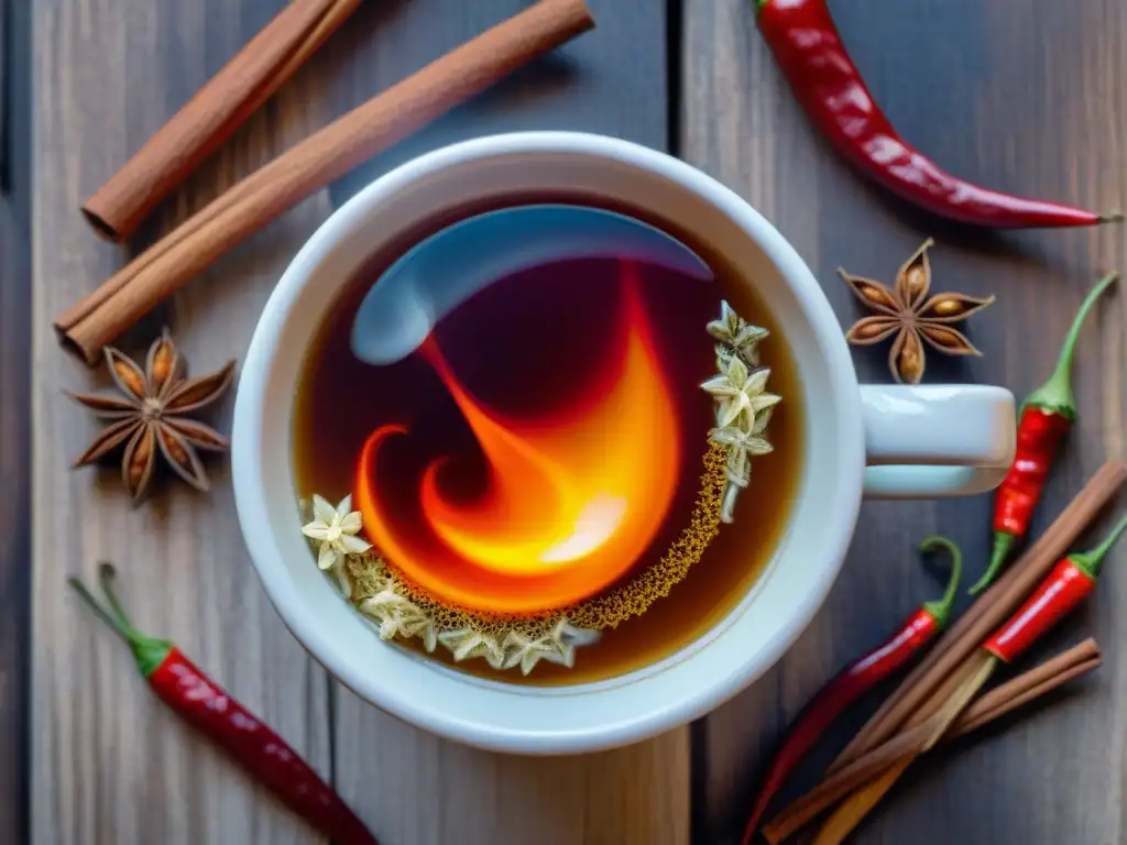 Una taza de té chai picante, adornada con chiles rojos, canela y anís, en una mesa rústica