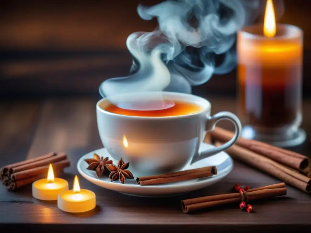 Una taza de té chai picante gourmet con canela, clavos y chile, en ambiente acogedor y sofisticado