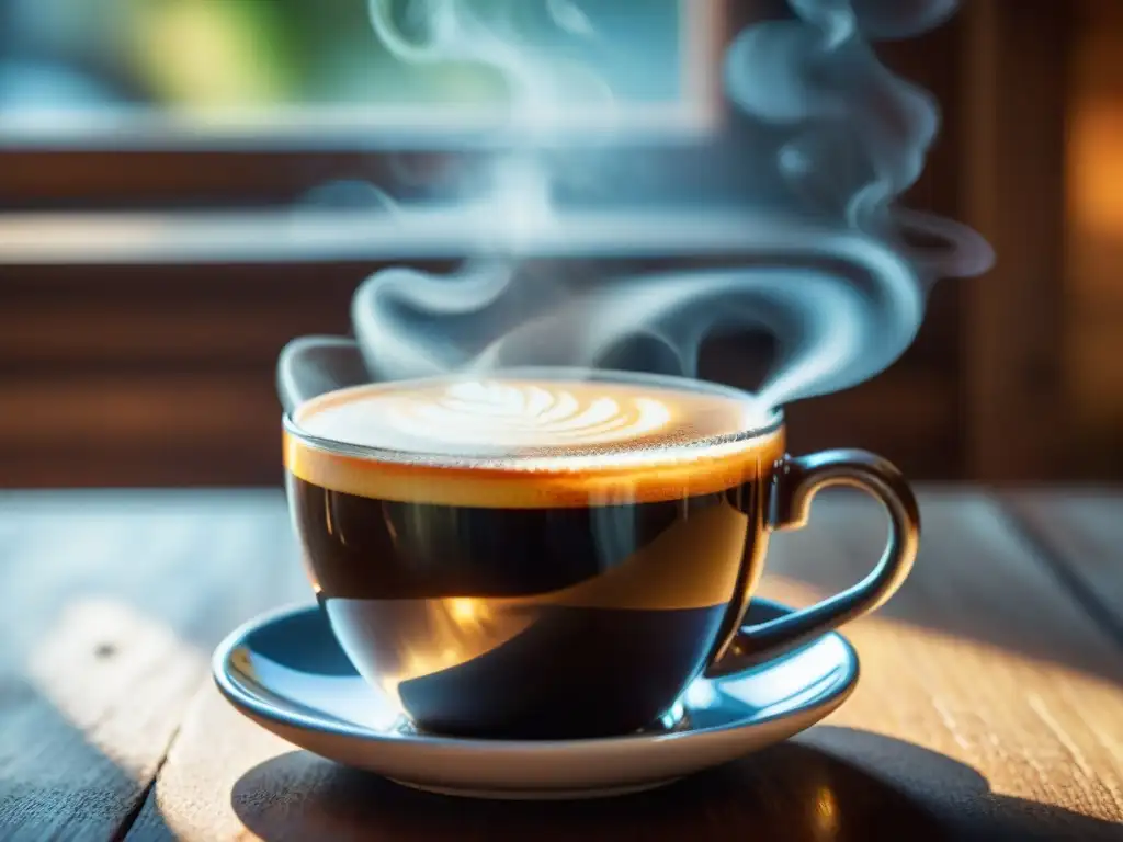 Una taza de café recién hecho emitiendo vapor, con efectos de temperatura y aroma