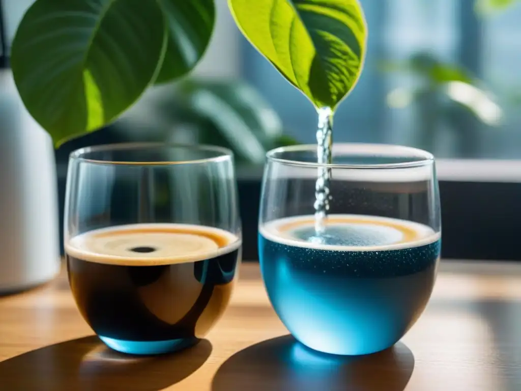 Dos tazas de café idénticas, una con agua filtrada cristalina y la otra con agua mineral chispeante, sobre una encimera moderna