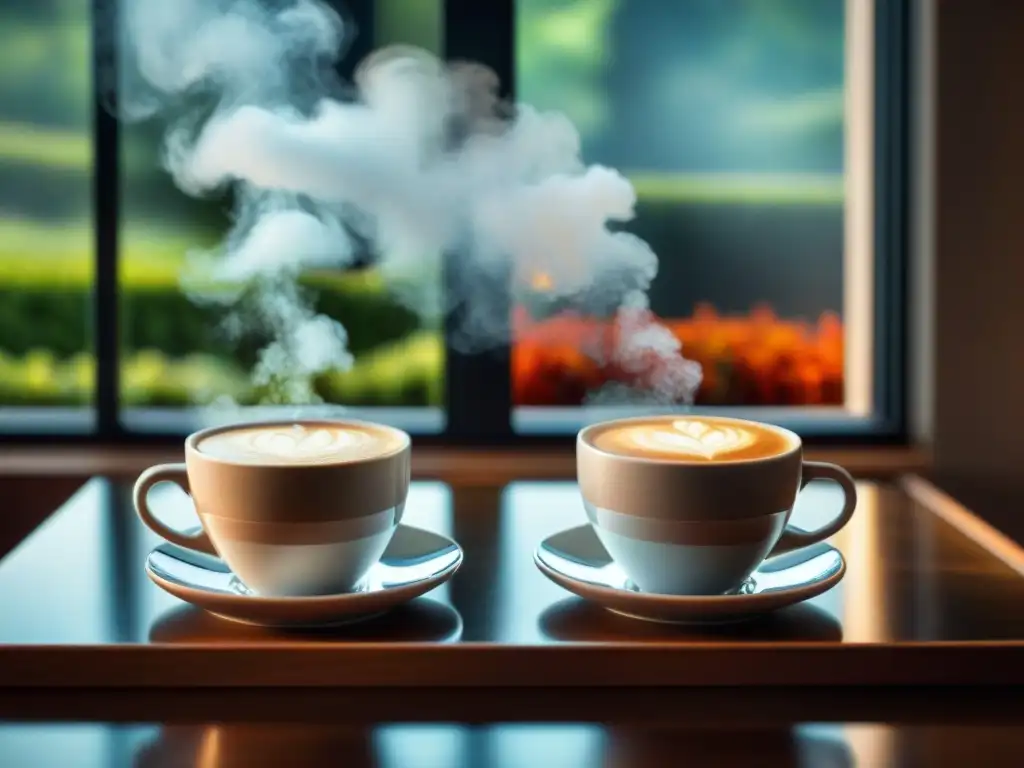 Dos tazas de café idénticas, una con agua filtrada y la otra con agua mineral, en una mesa moderna iluminada por luz natural