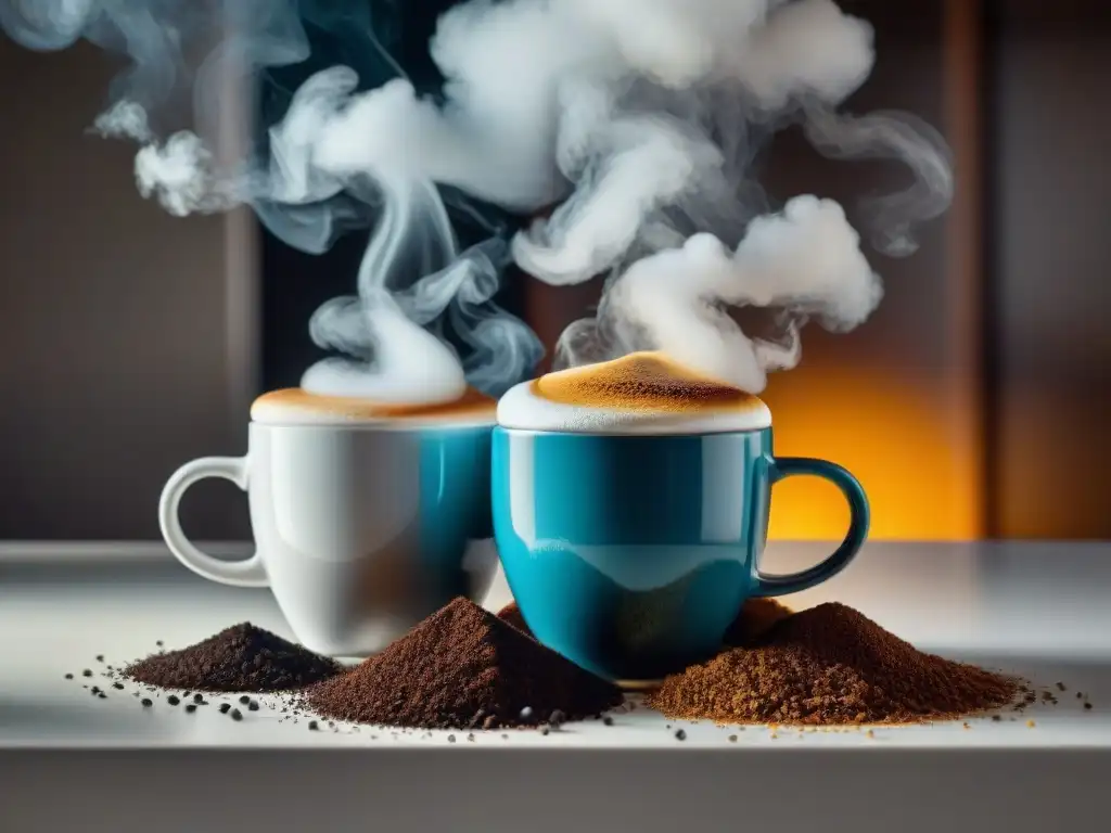 Dos tazas de café, una con método de filtración natural y sedimentos, la otra con filtro de papel y color claro, en elegante cocina moderna