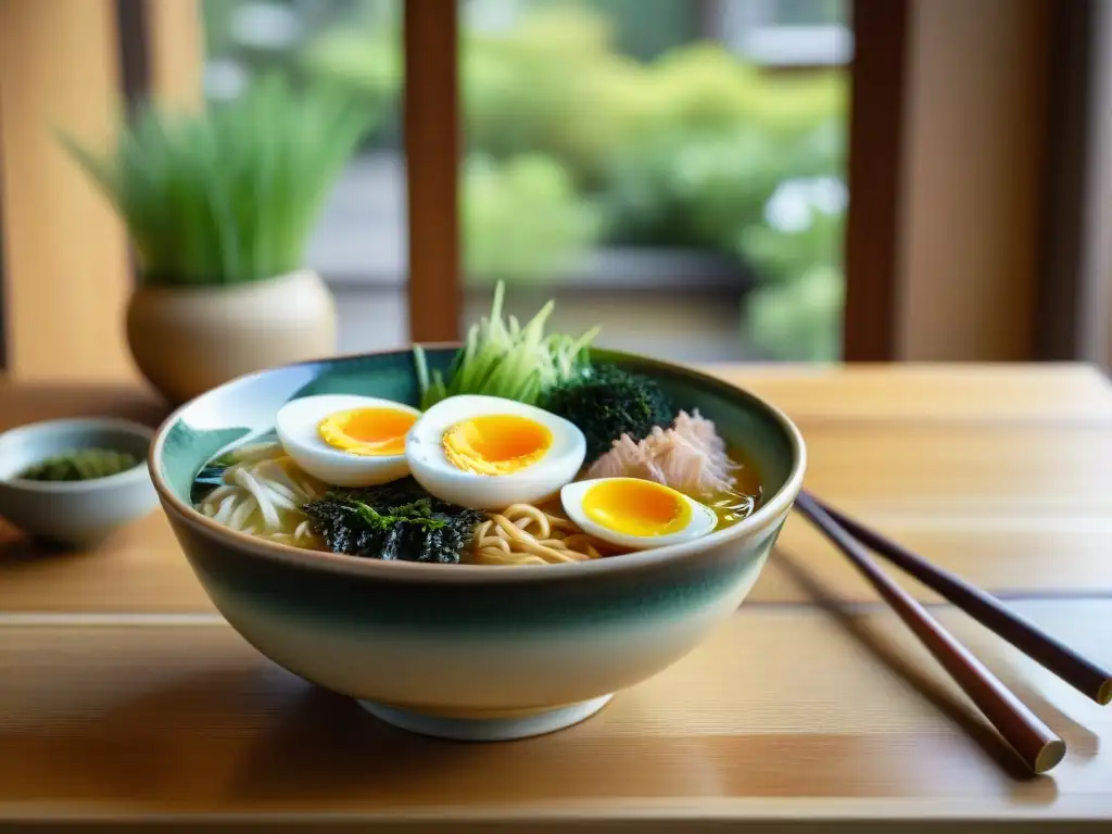 Un tazón humeante de ramen exquisitamente decorado en una mesa de madera