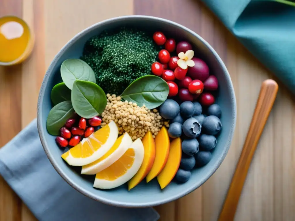 Un tazón de superalimentos gourmet rebosante de vida, con frutas y hojas frescas, chía, almendras y miel