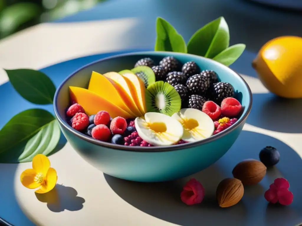 Un tazón de Açaí vibrante y colorido, cubierto de frutas frescas, nueces y flores comestibles, bajo la luz del sol en un paisaje exuberante