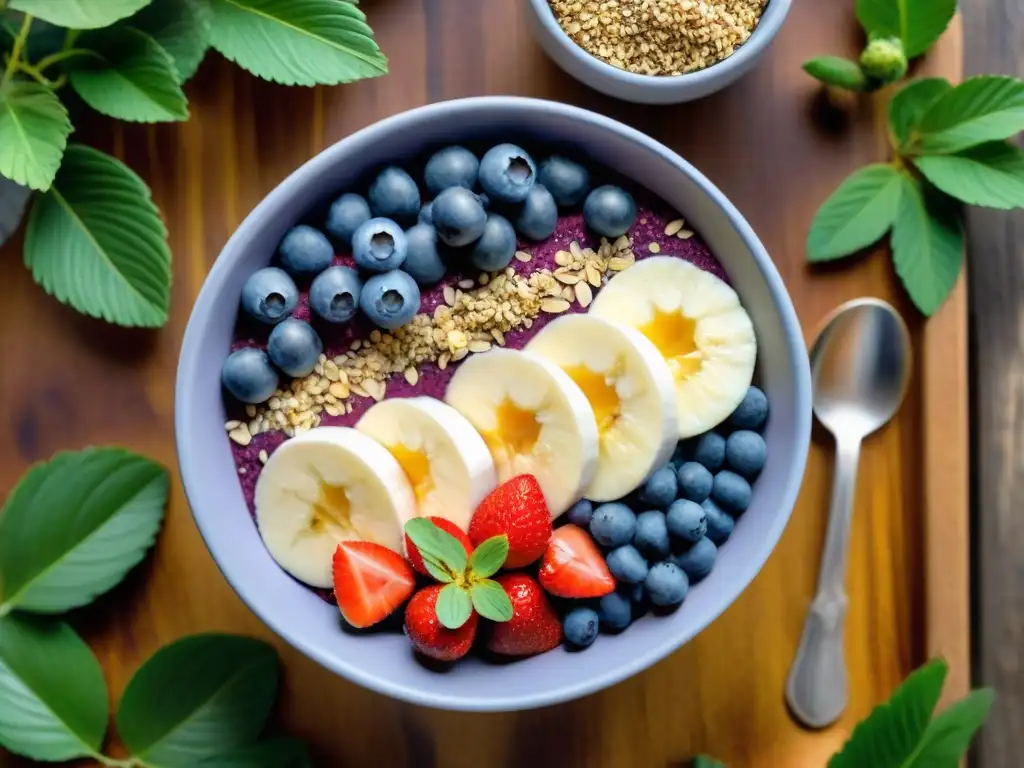 Un tazón de açaí vibrante y colorido, rodeado de ingredientes frescos y bañado por la luz matutina en una mesa rústica