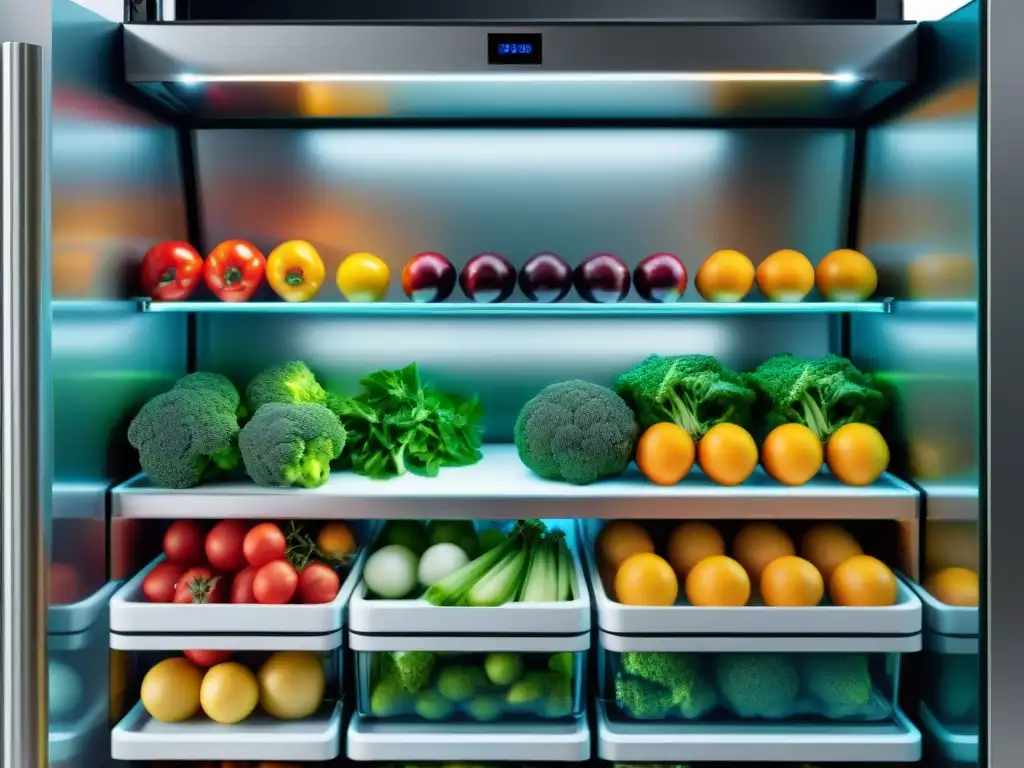 Tecnología para preservar ingredientes gourmet: Detalle asombroso de refrigerador con alimentos frescos y coloridos