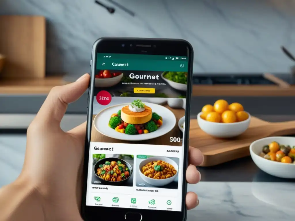 Teléfono muestra app gourmet en cocina lujosa