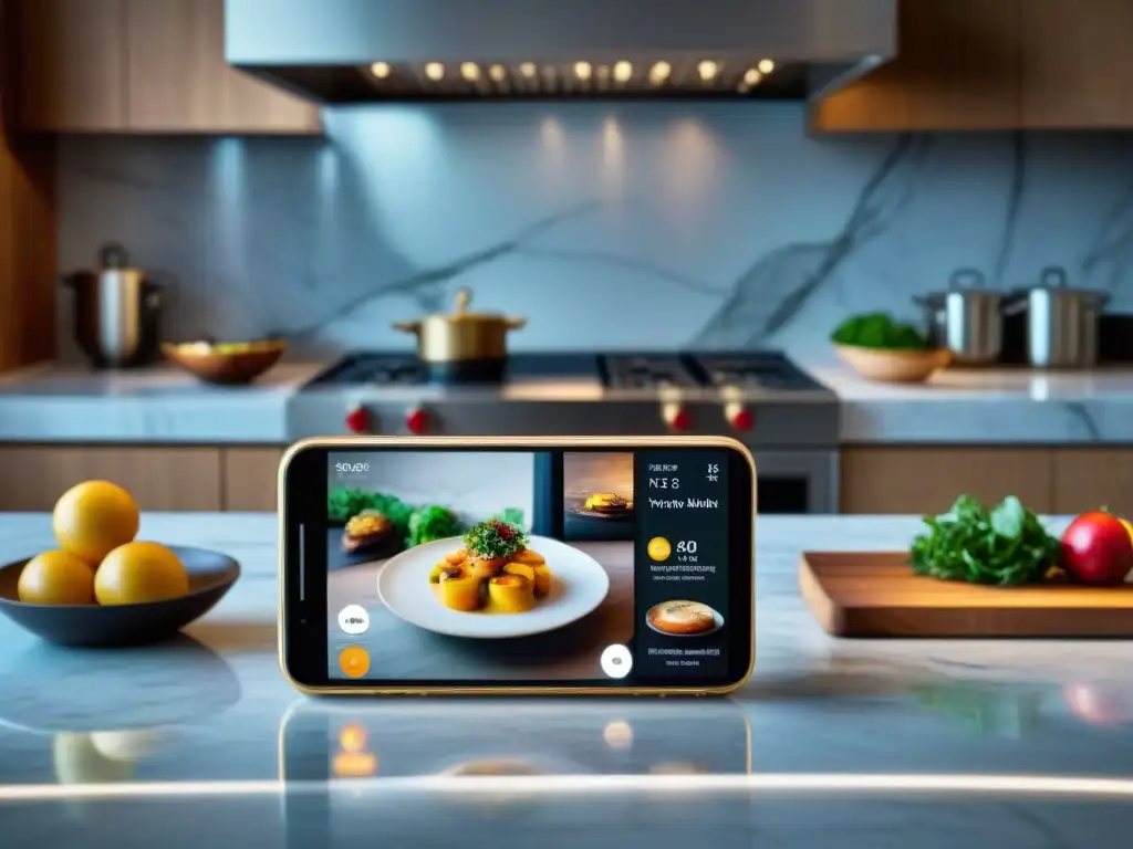 Teléfono inteligente en cocina de lujo con app gastronomía gourmet para exploradores