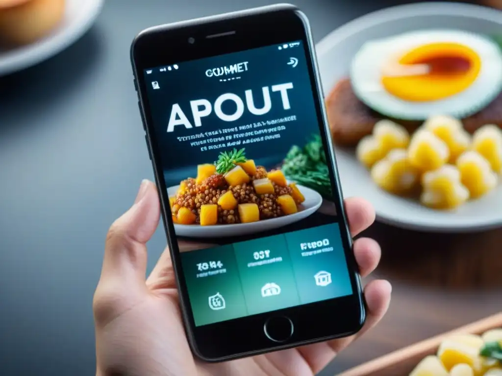 Teléfono inteligente moderno mostrando app gourmet en cocina elegante