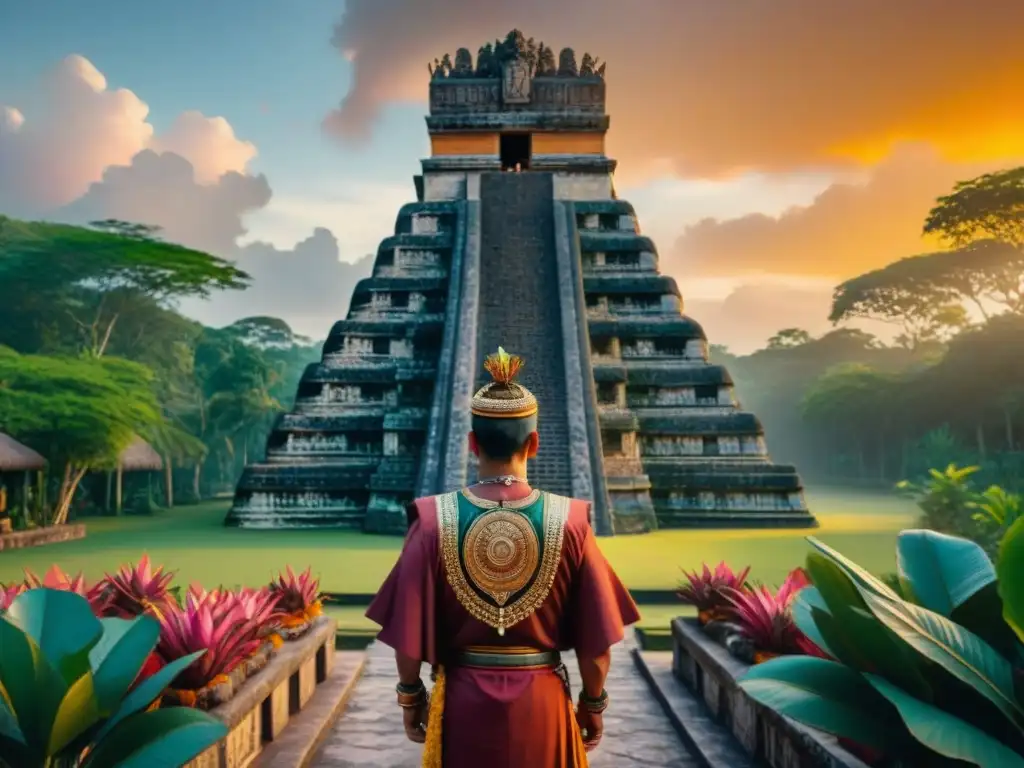 Un templo maya lujoso rodeado de exuberante vegetación tropical al atardecer, con un rey maya ofreciendo un cacao a sus súbditos, en un escenario de pasión, tradición y cambio