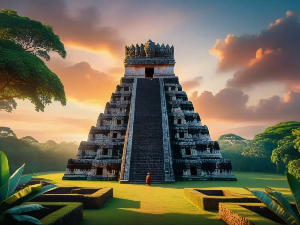 Un templo maya rodeado de árboles de cacao bajo un cielo vibrante al atardecer, con raíces ancestrales origen divino cacao