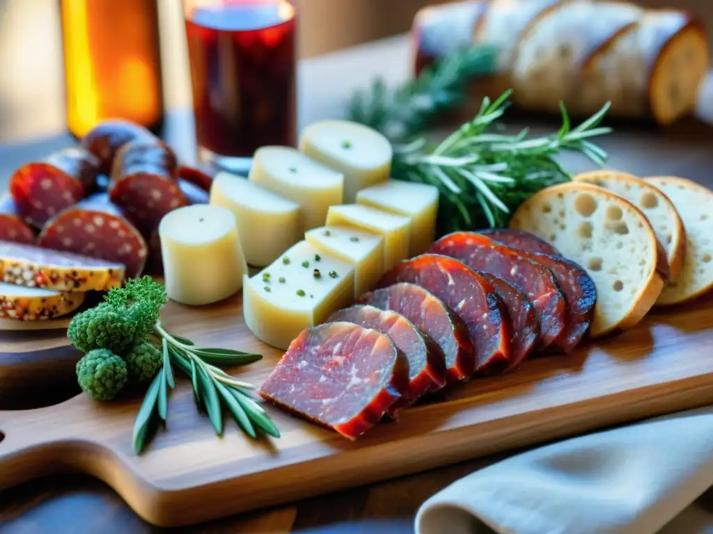 Un tentador festín de embutidos fermentados gourmet en una tabla rústica, bañados por la cálida luz del sol