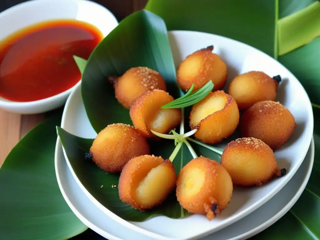 Un tentador Kwek Kwek filipino dorado y crujiente, servido en hoja de plátano con salsa agridulce