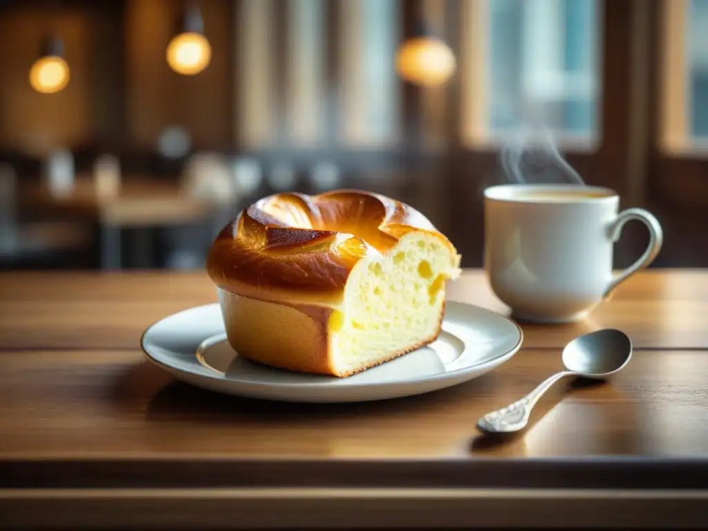 Un tentador brioche recién horneado en una mesa rústica, con textura dorada y mantequilla derretida