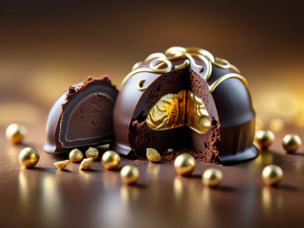 Un tentador trufa de chocolate negro decorada con láminas de oro, sobre cacao en polvo, símbolo de lujo y pecado