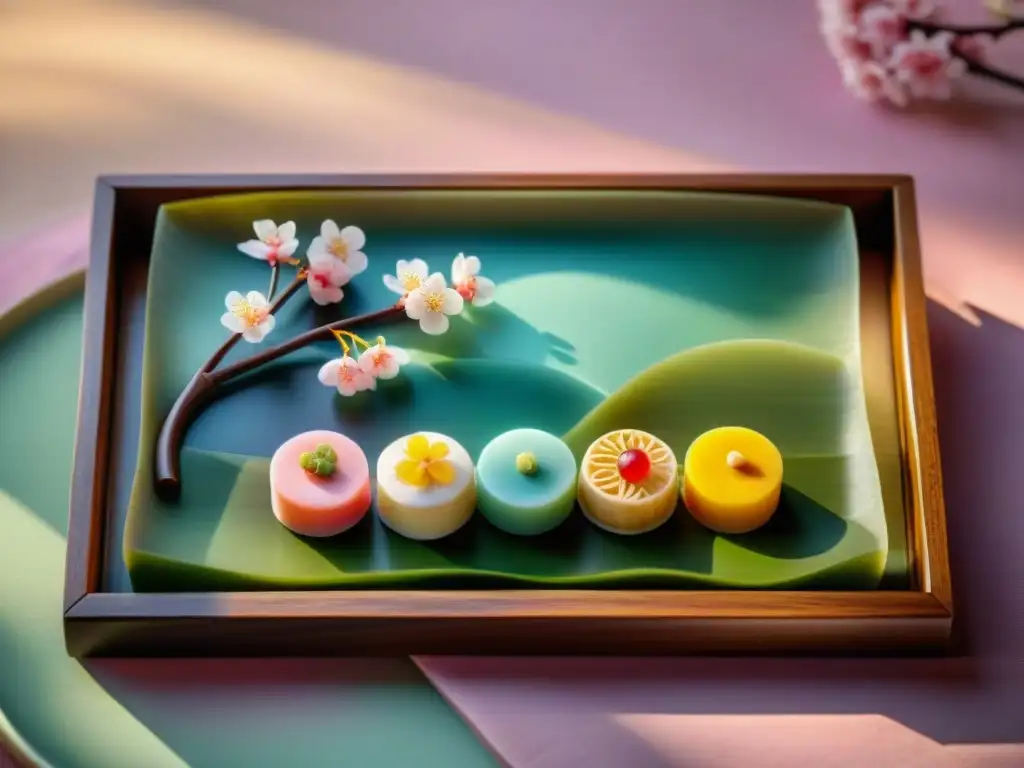 Una tentadora variedad de dulces japoneses en un entorno sereno de jardín japonés al atardecer