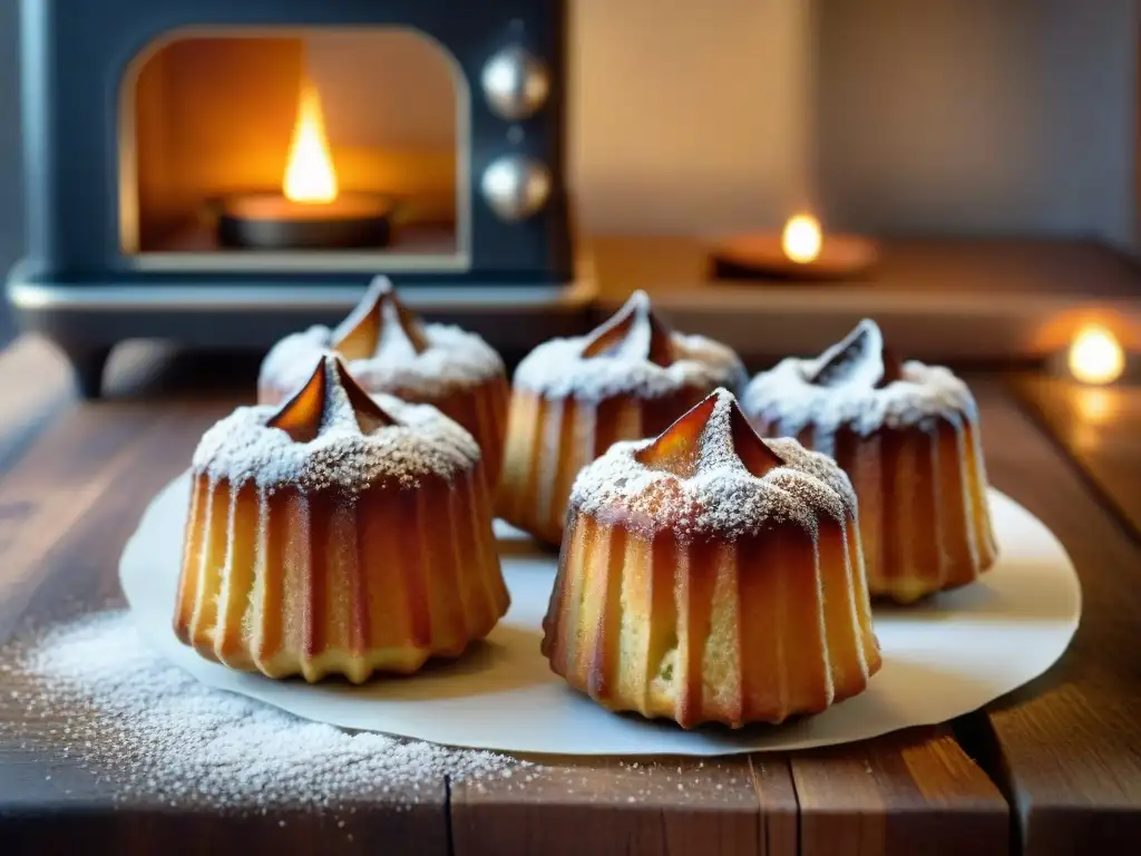 Una tentadora vista de los exquisitos canelés de Burdeos receta gourmet, recién horneados, sobre una mesa de madera rústica