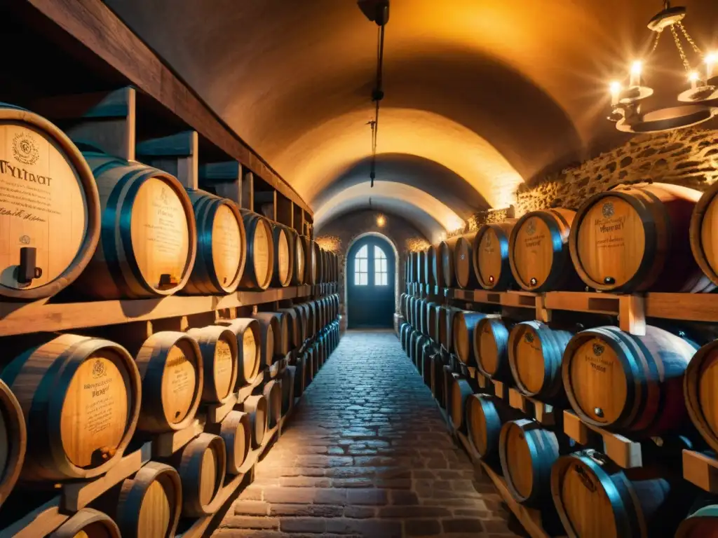 Un tesoro oculto de vinos fortificados: una bodega iluminada con barricas de madera envejeciendo, etiquetadas con caligrafía detallada