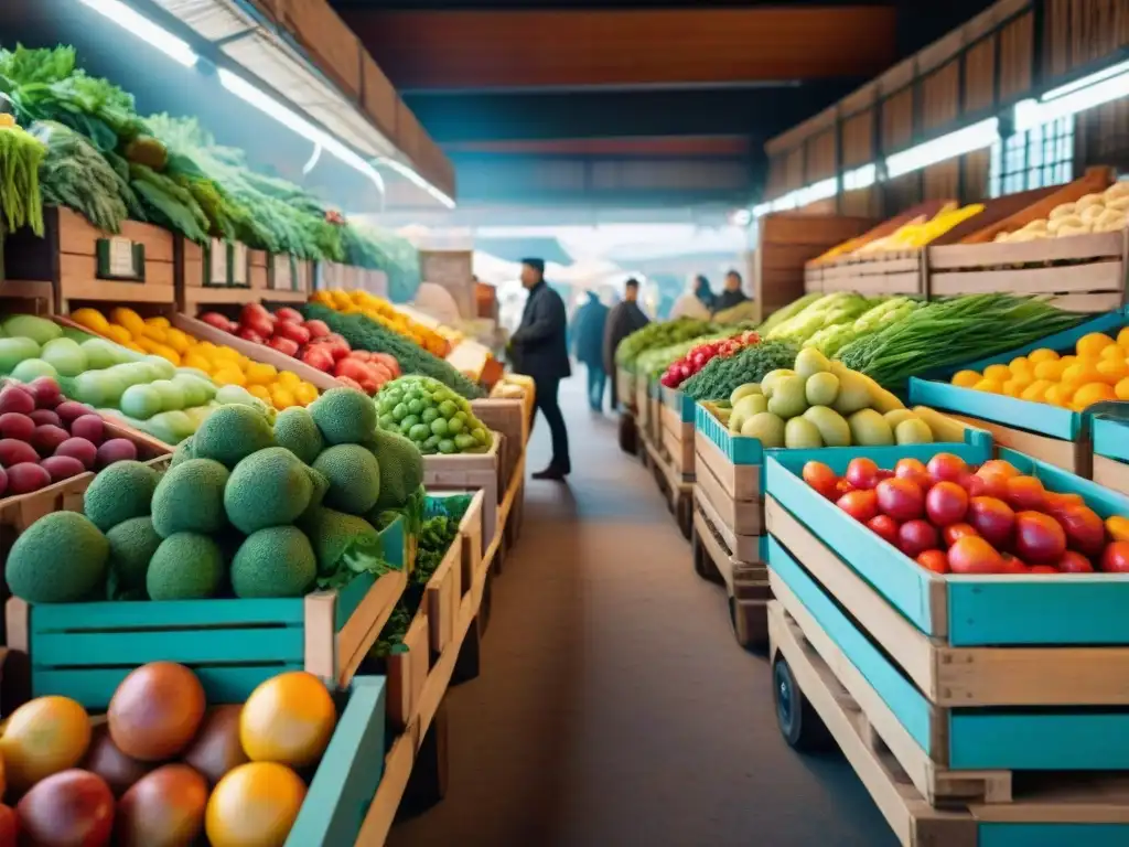 Explora tesoros escondidos en un bullicioso mercado orgánico local, lleno de productos frescos y coloridos bajo una suave luz natural