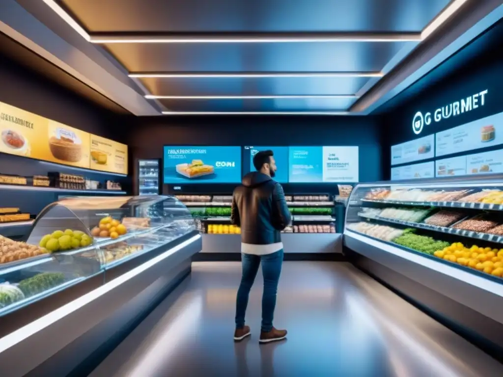 Tienda gourmet futurista con tecnología avanzada y diseño elegante