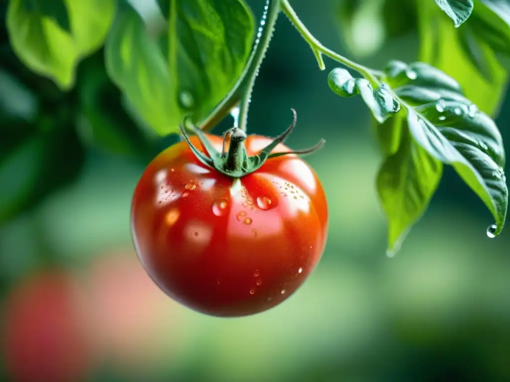 Tomate orgánico recién cosechado, radiante bajo el sol, colores puros y sabores auténticos