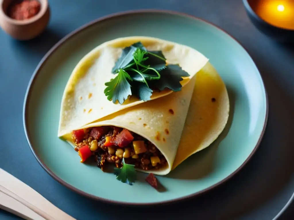 Una tortilla fusión creación gastronómica: colorida, detallada y creativa, combinando ingredientes tradicionales con toques internacionales