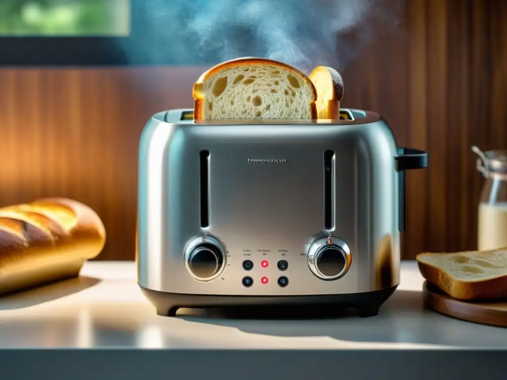 Una tostadora de alta tecnología gourmet rodeada de rebanadas de pan artesanal y bagels perfectamente tostados, iluminada por una suave luz ambiental