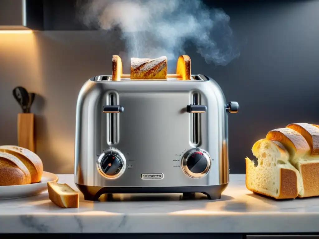 Una tostadora de alta tecnología gourmet en una cocina moderna con pan recién horneado y café