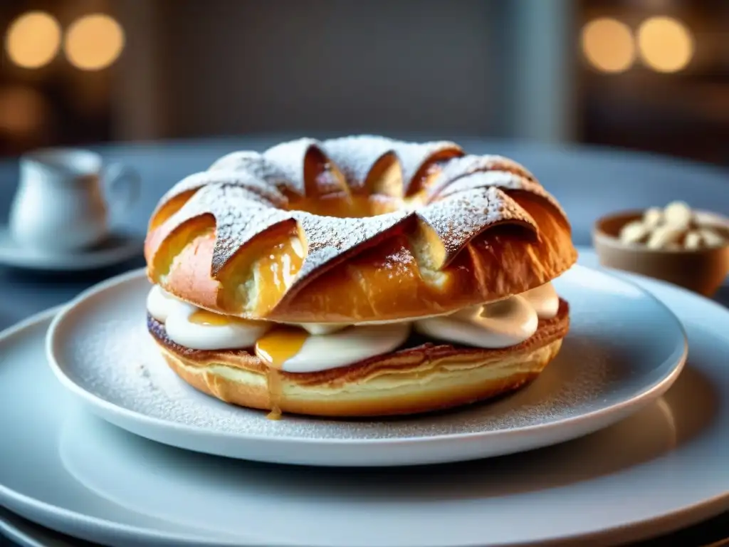 Tour gastronómico ParisBrest gourmet: Exquisito ParisBrest dorado con azúcar glas y almendras en elegante plato blanco, en café parisino sofisticado