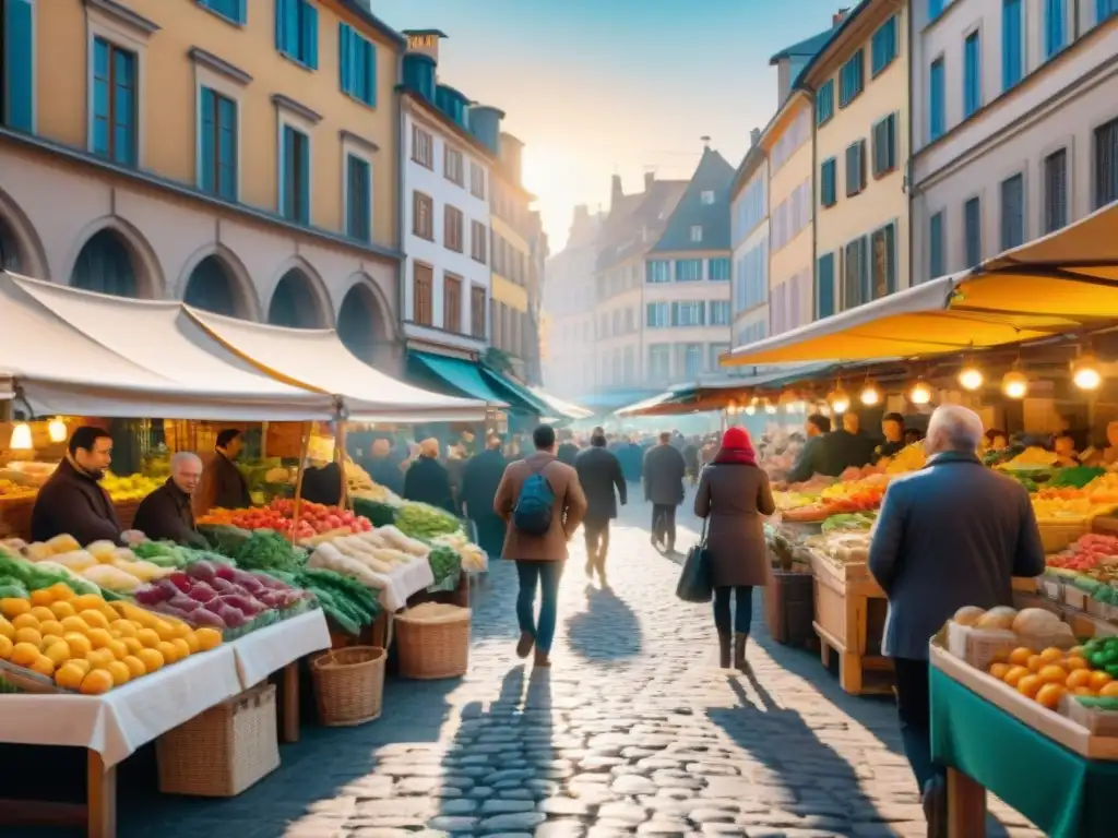 Tours gastronómicos: mercado al aire libre en ciudad europea con puestos coloridos y ambiente vibrante al atardecer