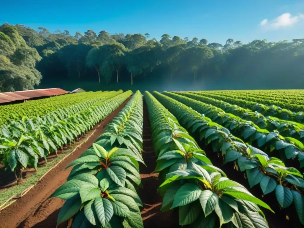 Un trabajador cosechando cacao en una plantación bajo cielo azul