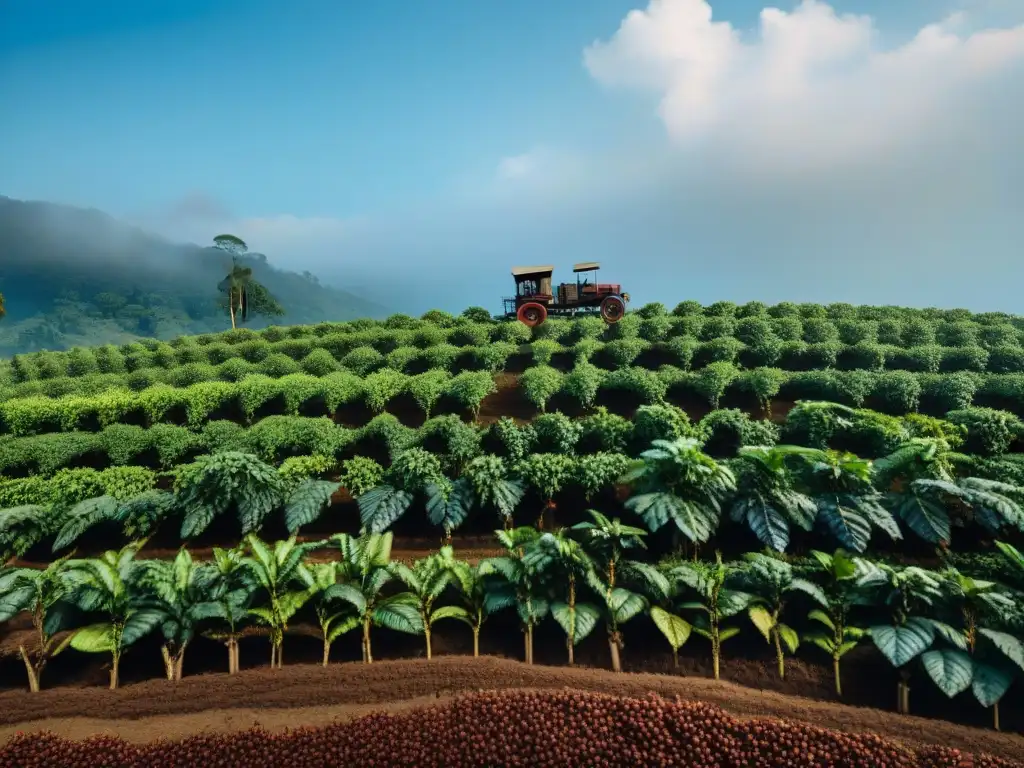 Trabajadores cosechando café en plantación histórica, destacando la conexión entre café, esclavitud y historia gastronomía