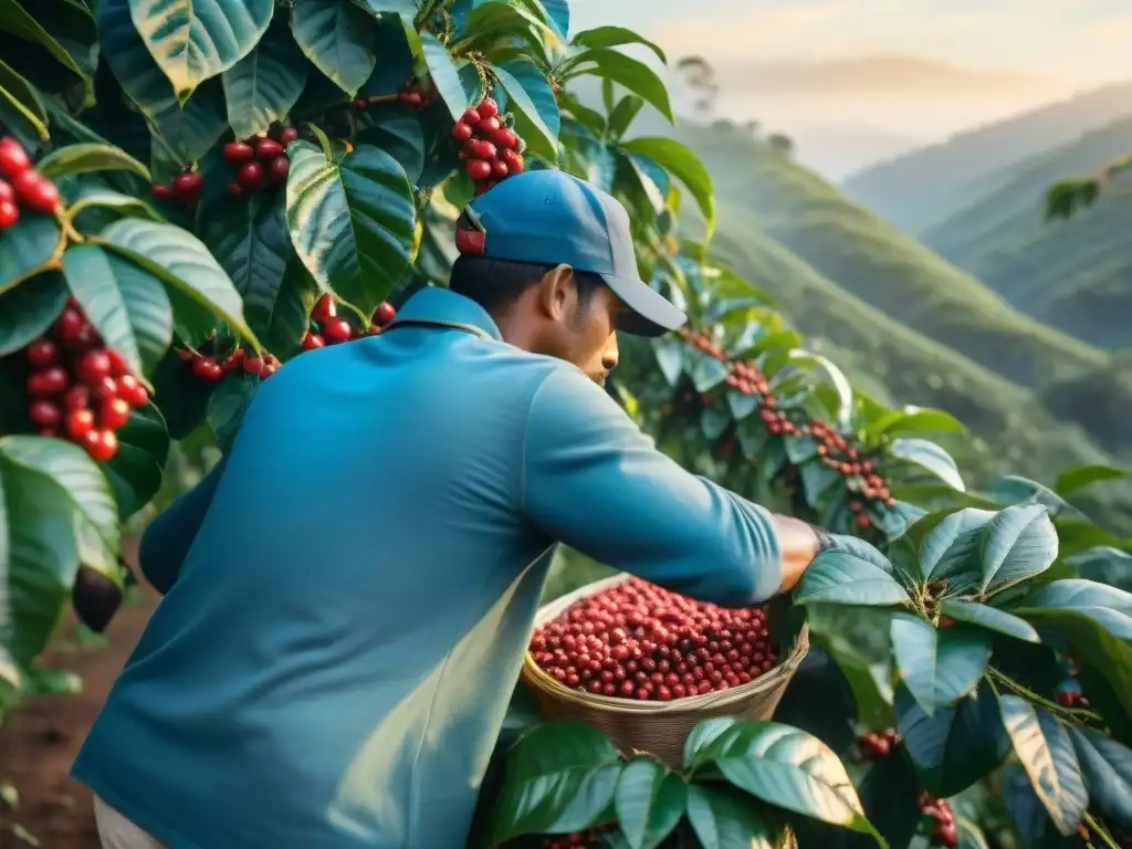 Plantación de café al amanecer, con trabajadores recolectando granos rojos