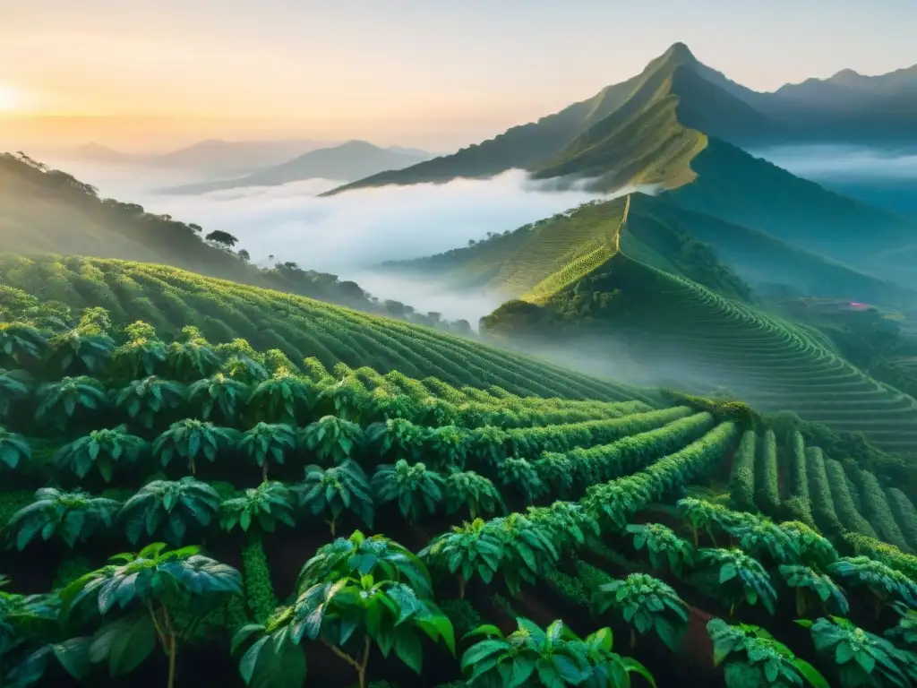 Plantación de café al amanecer con trabajadores en los Mejores cafés del mundo origen