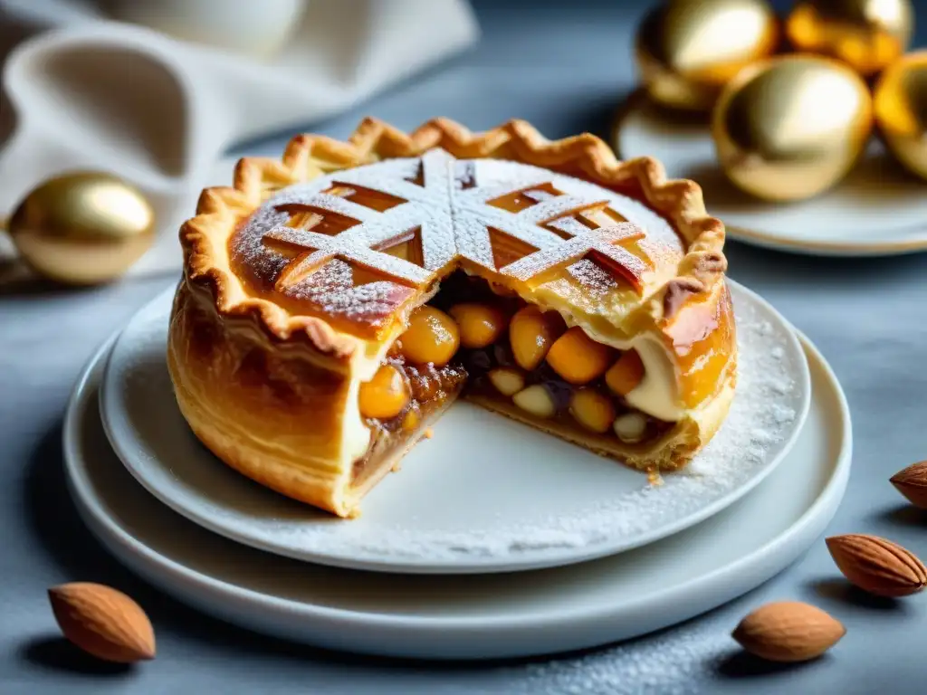 Una tradicional Galette des Rois Francesa decorada con detalle en una elegante pastelería francesa